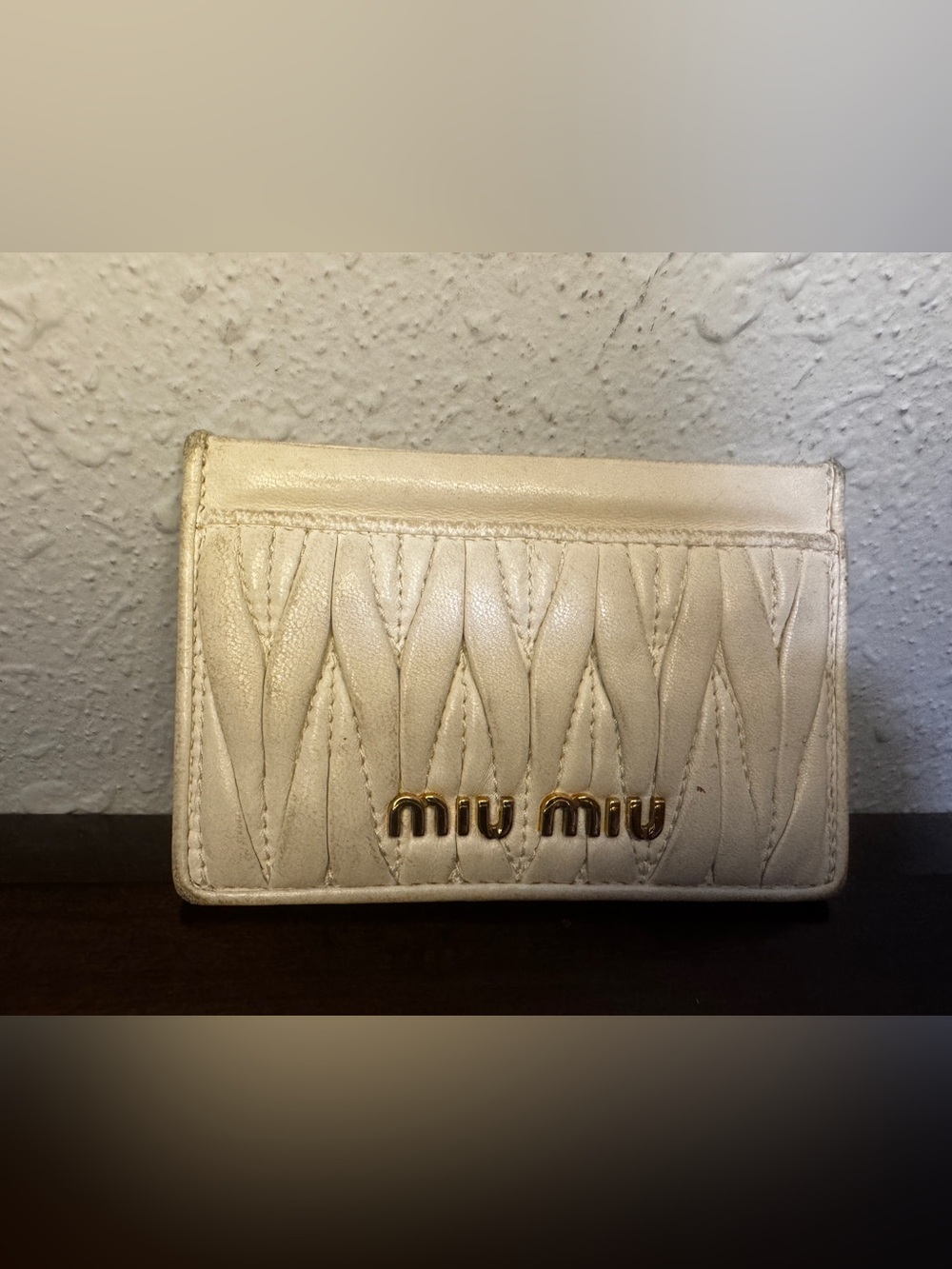 Miu Miu Cream Quilted Leather Card Wallet with Gold Logo